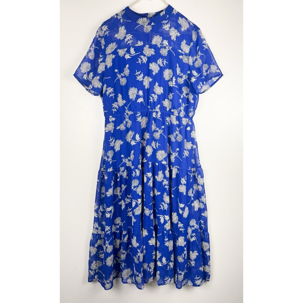 Lulus Royal Blue Floral Mock Neck Tiered Midi Dress Extra Large XL Short Sleeve⁠ - Picture 2 of 8